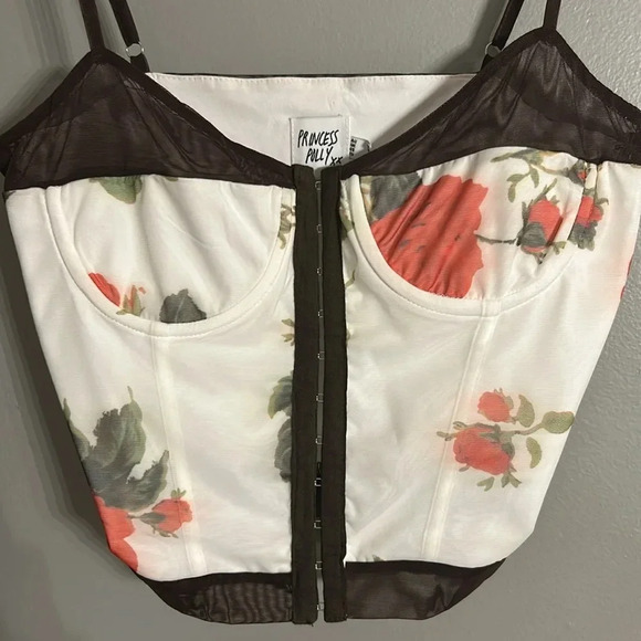 Princess Polly Colton Corset Top, Sz 6, White Floral, Roses, Red, Green, Brown - Picture 9 of 13